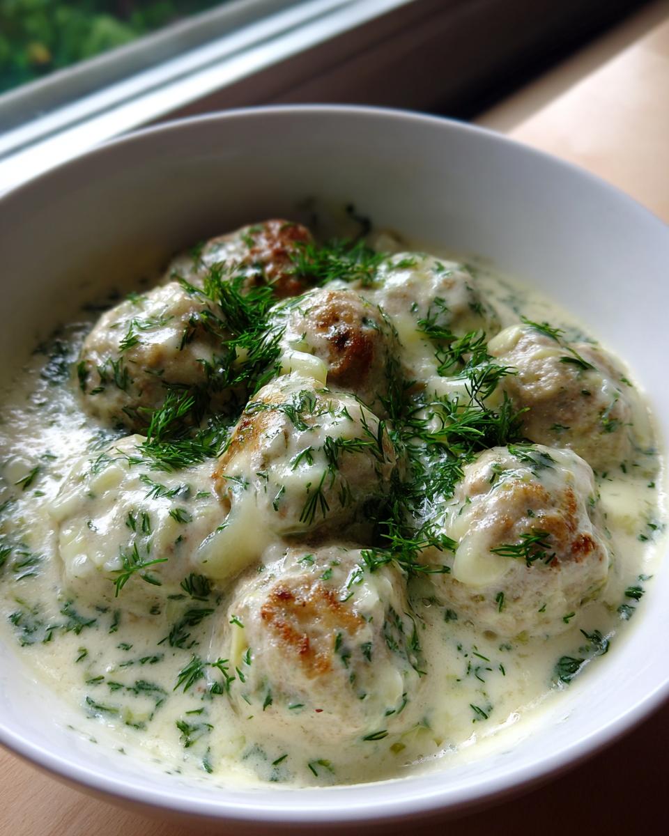 Close-up of browned meatballs submerged in creamy sauce, garnished heavily with fresh dill, as part of swedish meatball soup.