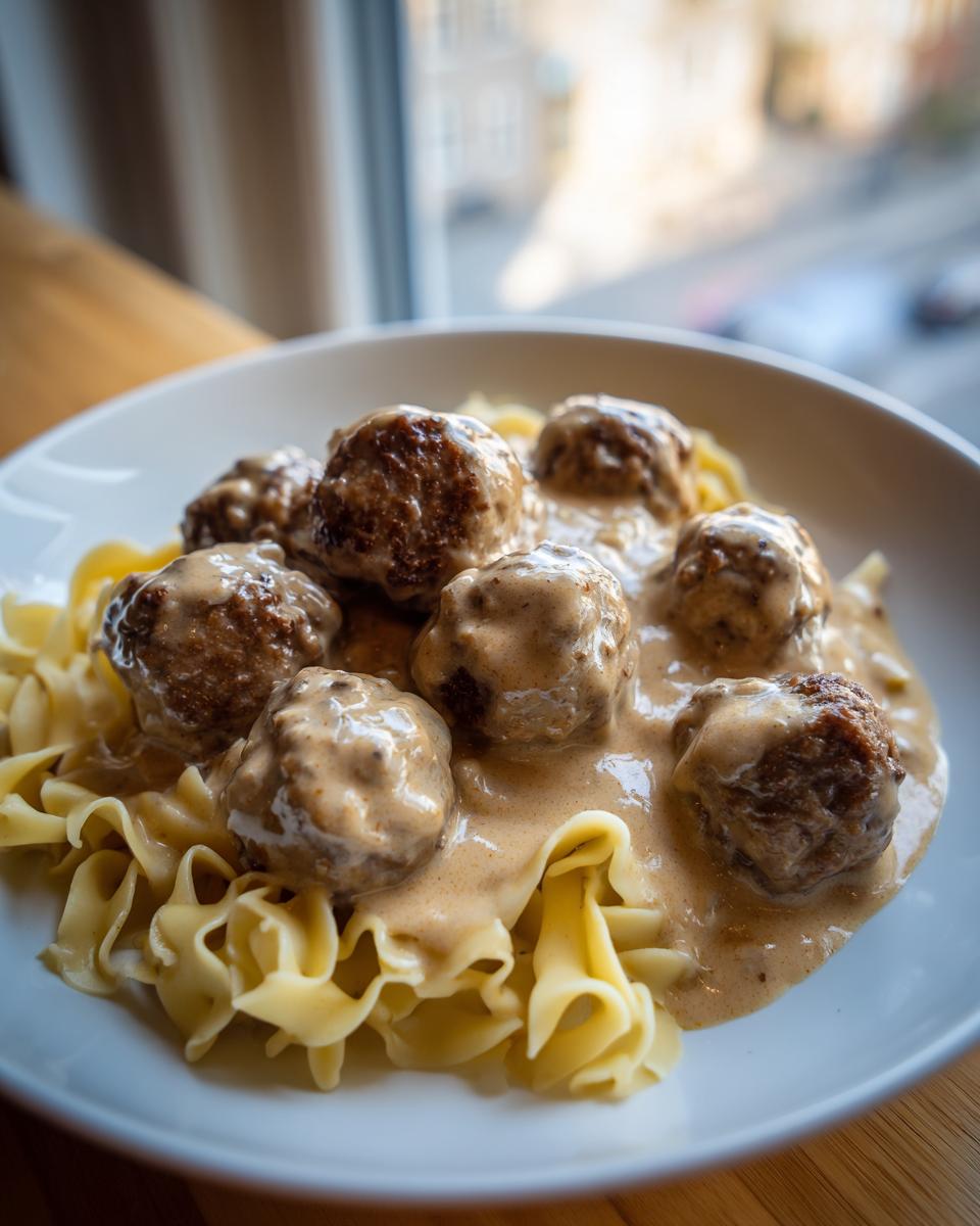 Close-up of homemade Swedish meatballs smothered in creamy gravy served over wide egg noodles in a white bowl.