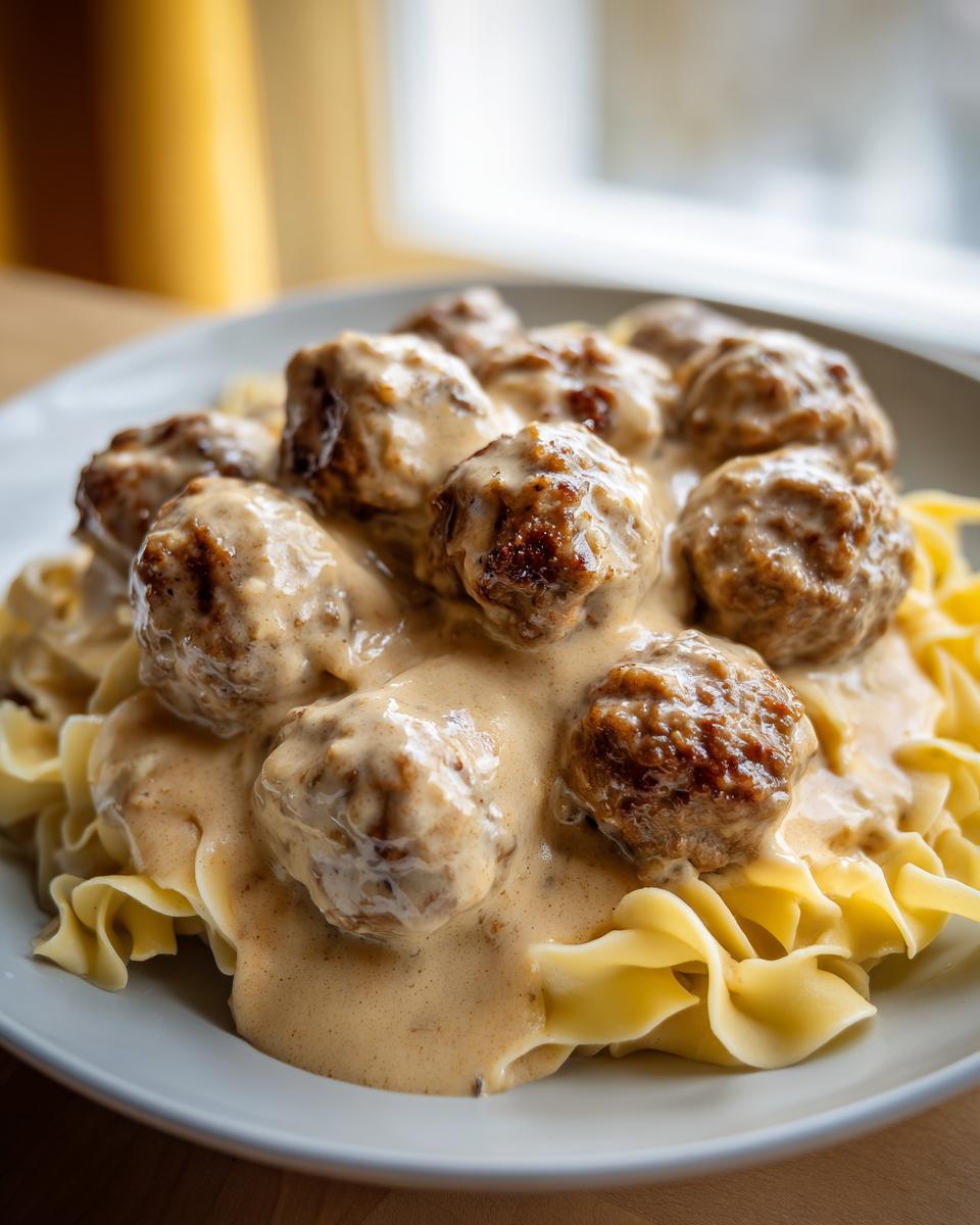 Close-up of rich, creamy Swedish meatballs served over a bed of wide egg noodles on a white plate.