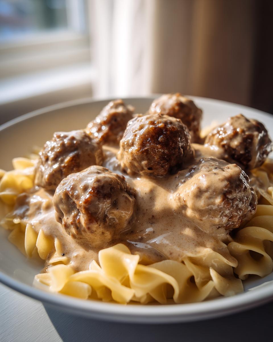Close-up of delicious Swedish meatballs smothered in creamy gravy served over wide egg noodles.