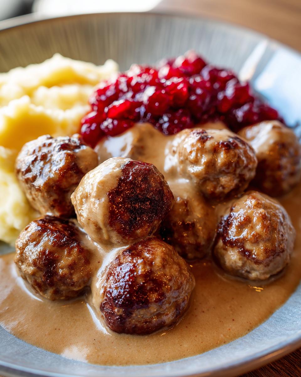 Close-up of perfectly browned swedish meatballs with frozen meatballs trick, covered in cream sauce, served with mashed potatoes and lingonberry jam.
