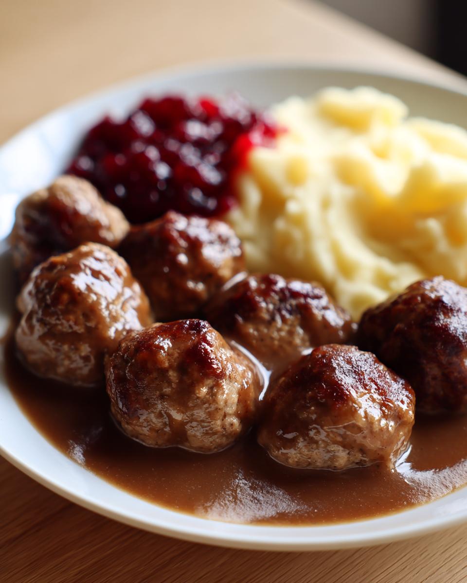 A plate of savory Swedish meatballs with frozen meatballs, served in brown gravy with mashed potatoes and lingonberry jam.