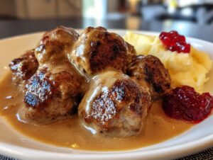 Close-up of browned swedish meatballs with frozen meatballs covered in cream sauce, served with mashed potatoes and lingonberry jam.