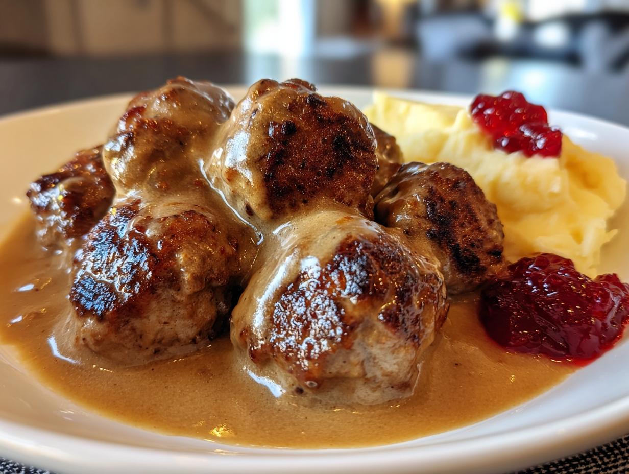 Close-up of browned swedish meatballs with frozen meatballs covered in cream sauce, served with mashed potatoes and lingonberry jam.