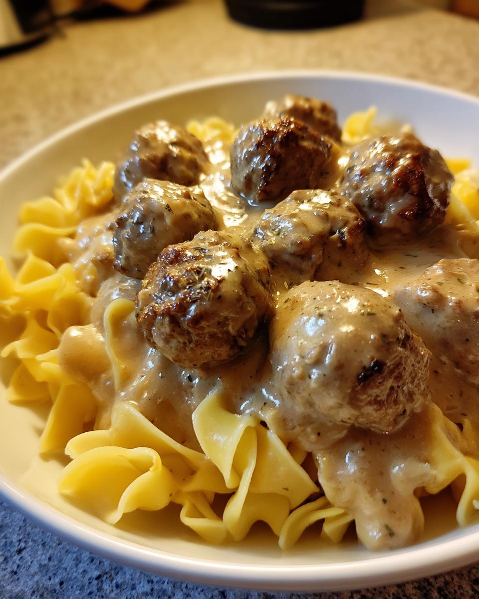 Close-up of savory swedish meatballs over egg noodles smothered in creamy brown gravy.