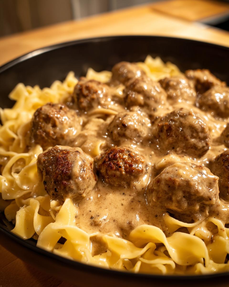 Close-up of savory Swedish meatballs smothered in creamy brown gravy served over wide egg noodles.
