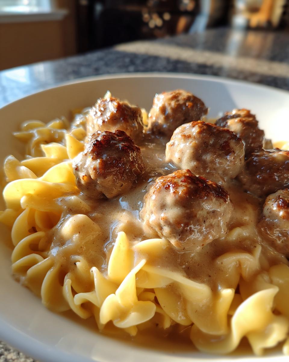 Close-up of savory swedish meatballs over egg noodles covered in creamy brown gravy.
