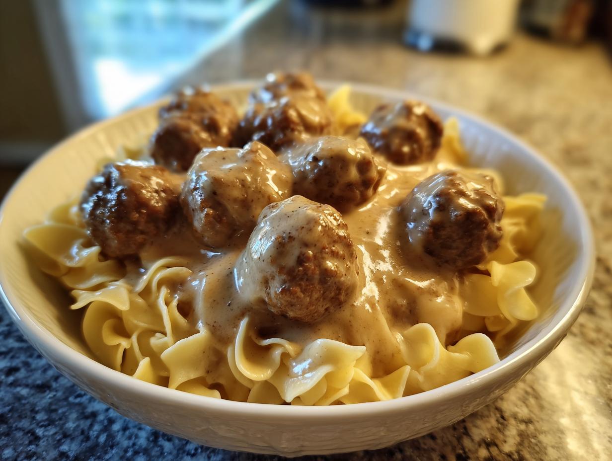 A close-up shot of savory swedish meatballs over egg noodles, smothered in creamy brown gravy.