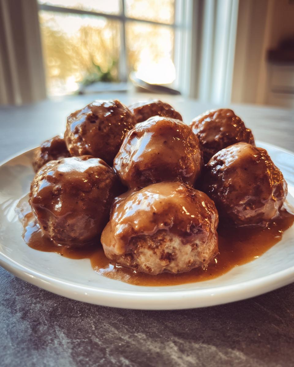 Close-up of several Swedish meatballs smothered in rich, brown swedish meatballs sauce on a white plate.