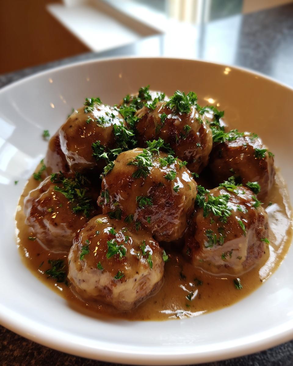 Close-up of Swedish meatballs generously covered in rich, creamy swedish meatballs sauce and sprinkled with fresh parsley.