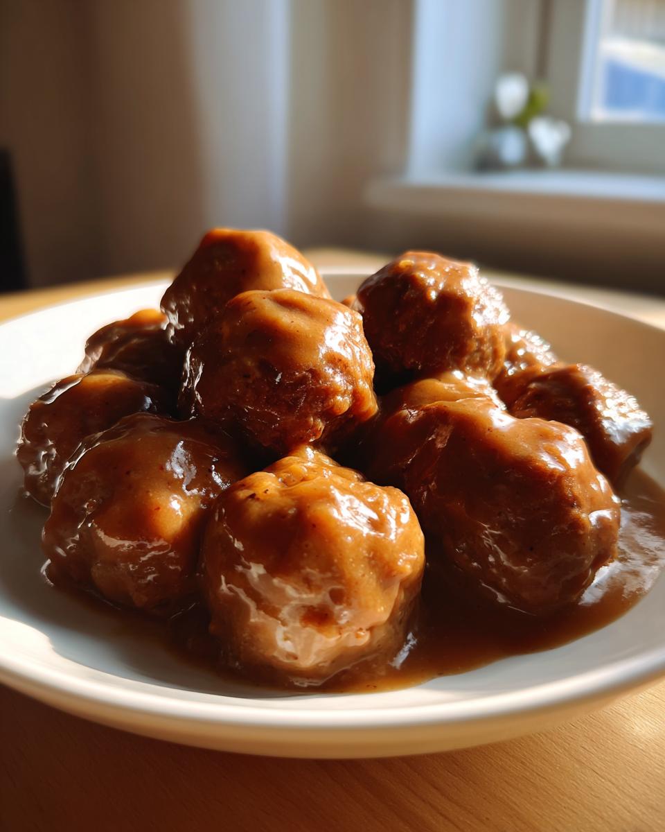 Close-up of savory meatballs generously coated in rich, brown swedish meatballs sauce.