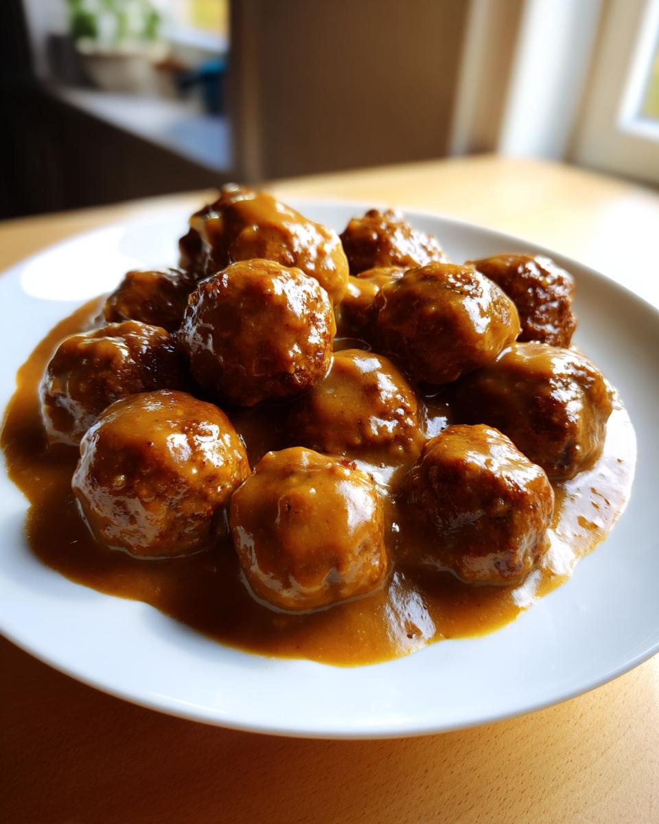 Close-up of savory meatballs generously coated in rich, brown swedish meatballs sauce on a white plate.