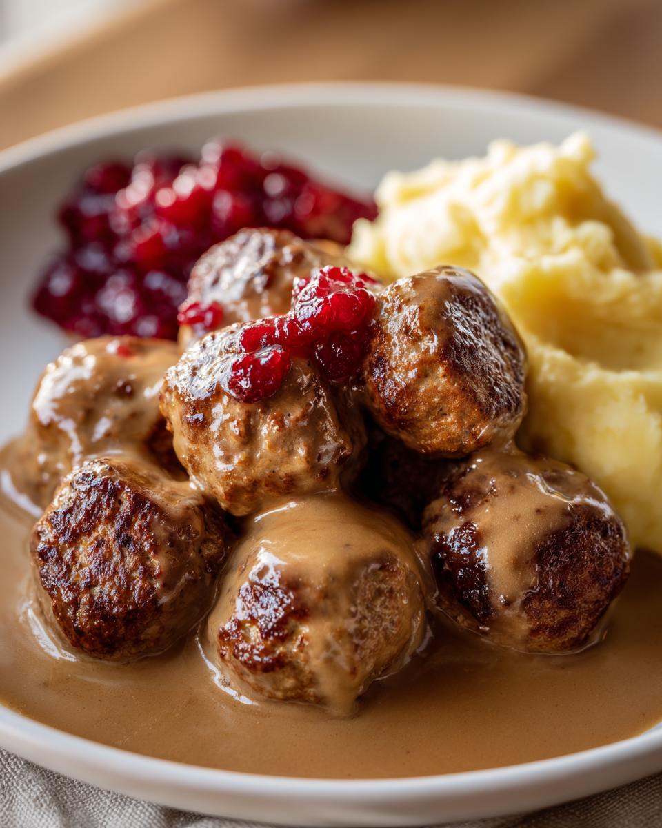 Close-up of savory swedish meatballs with frozen meatballs smothered in gravy, served with mashed potatoes and lingonberry jam.