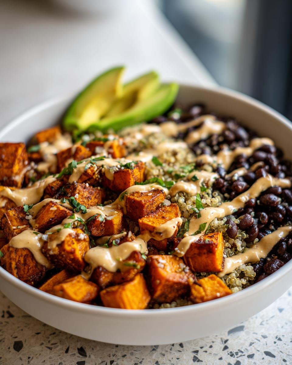 Close-up of a sweet potato buddha bowl featuring roasted sweet potatoes, black beans, quinoa, and avocado slices, drizzled with sauce.