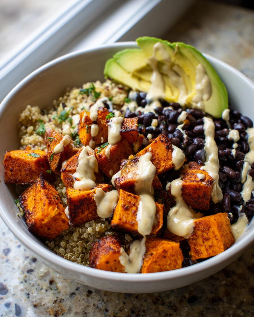 A close-up of a sweet potato buddha bowl featuring roasted sweet potatoes, black beans, quinoa, and avocado slices drizzled with tahini.