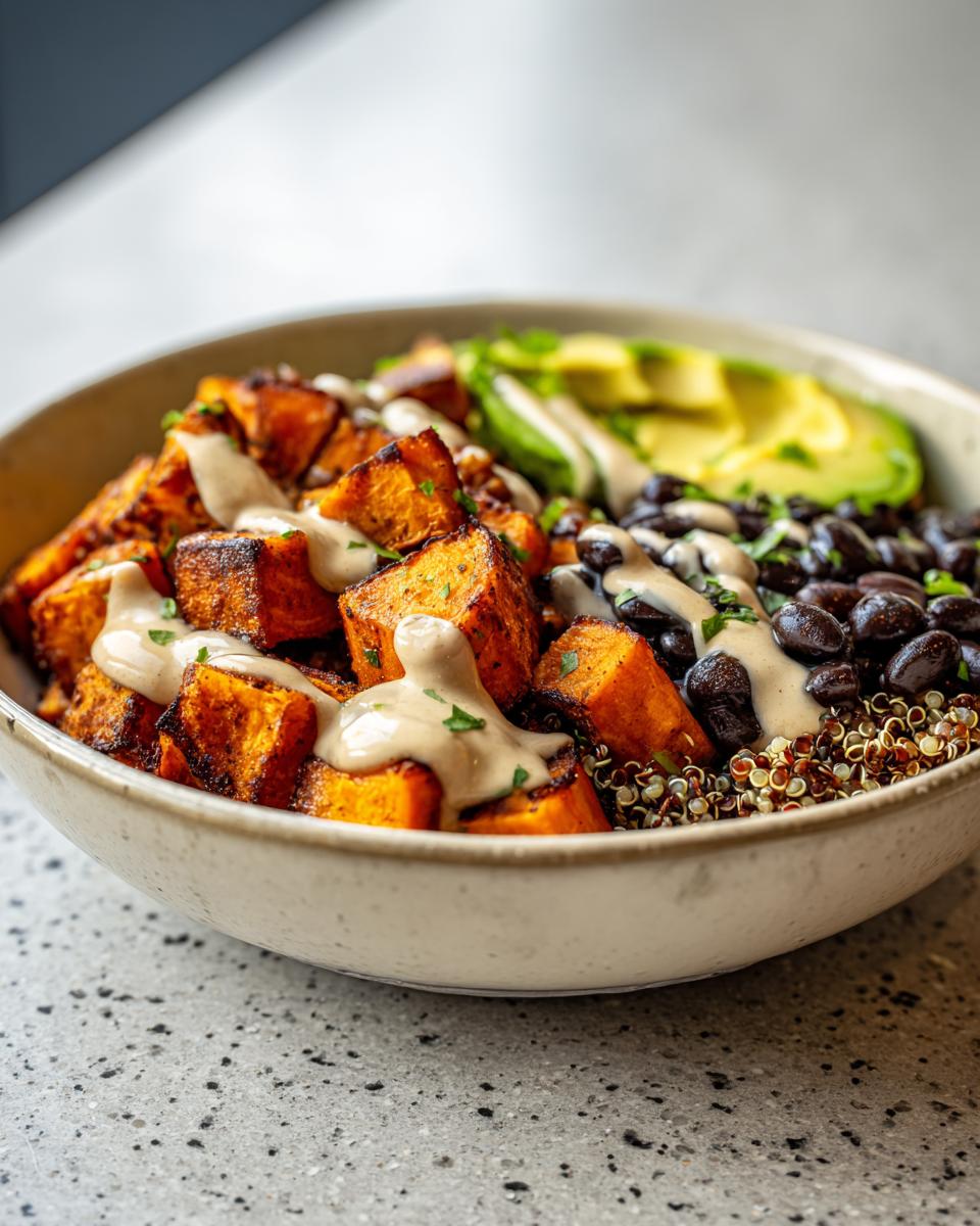 Close-up of a sweet potato buddha bowl featuring roasted sweet potatoes, black beans, avocado, quinoa, and tahini dressing.