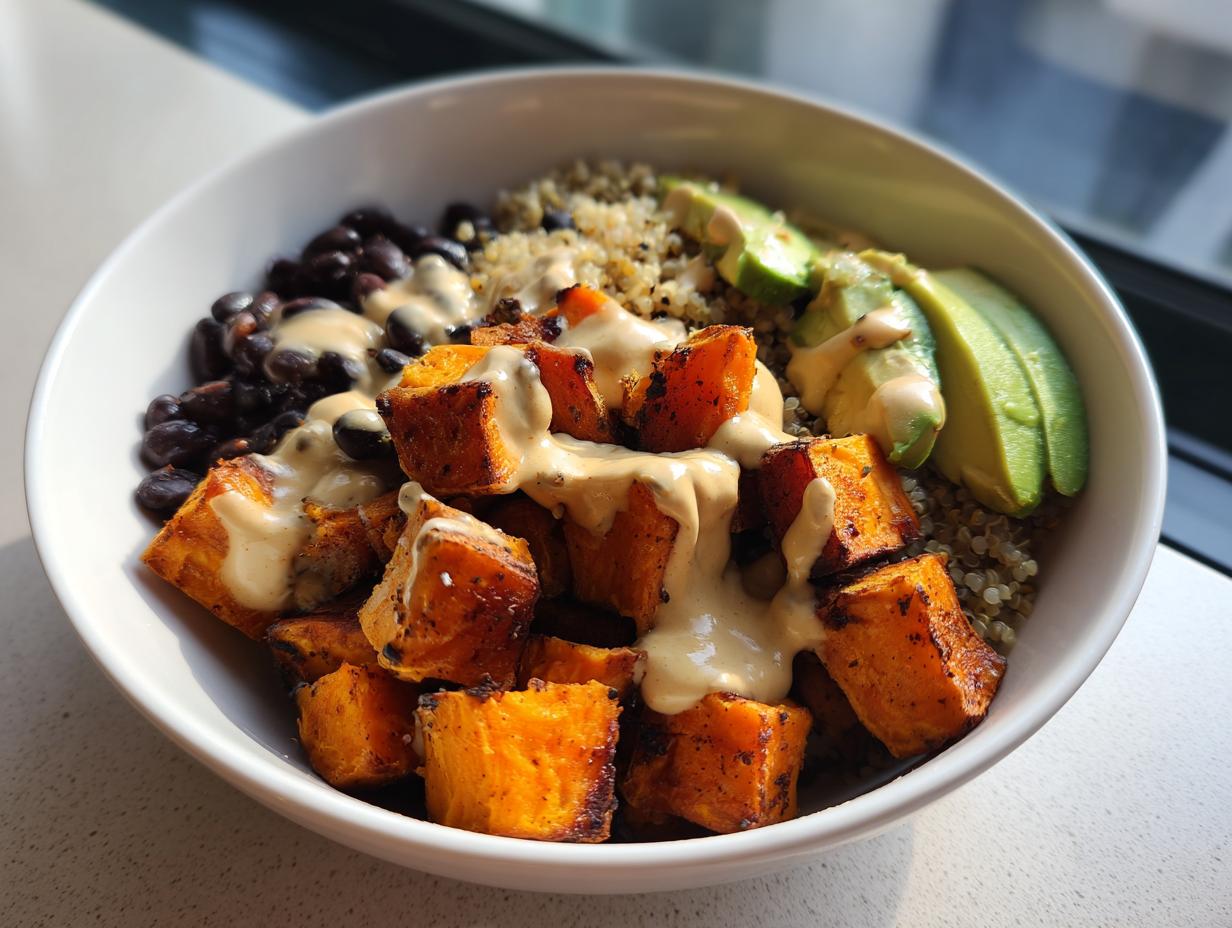 Close-up of a delicious sweet potato buddha bowl featuring roasted sweet potatoes, black beans, quinoa, avocado, and creamy dressing.