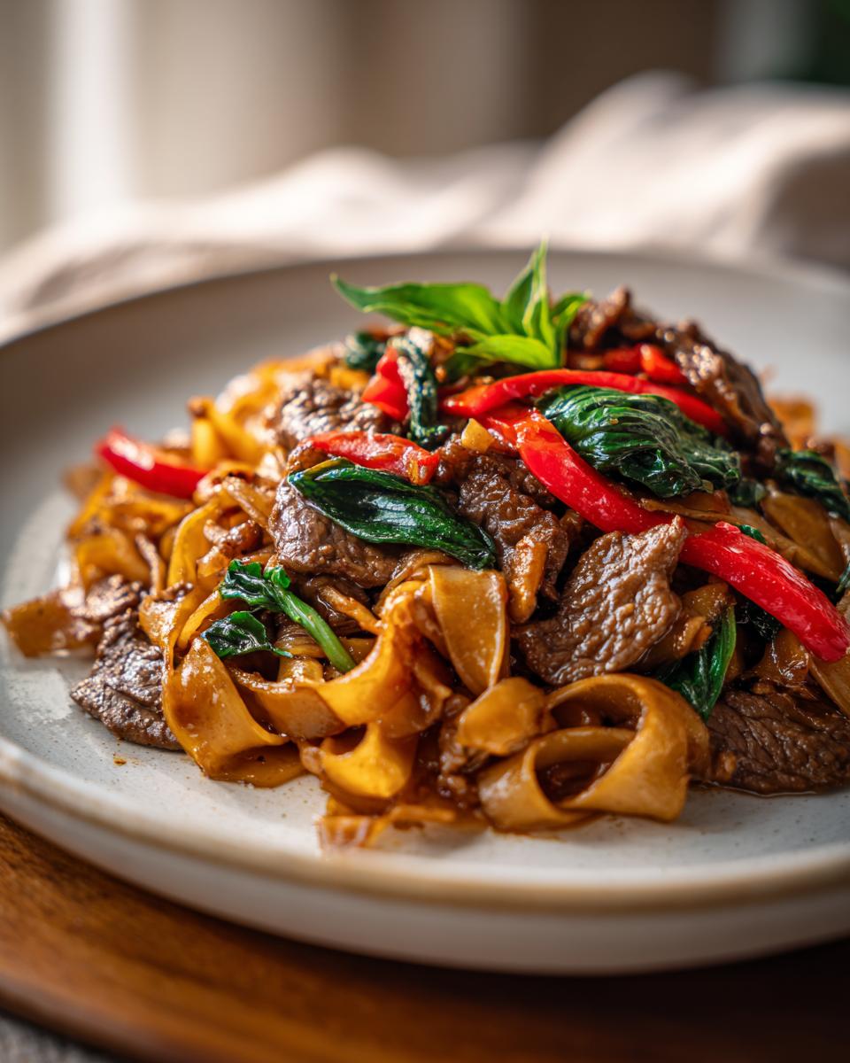 Close-up of savory thai drunken noodles with beef, wide noodles, red peppers, and basil.