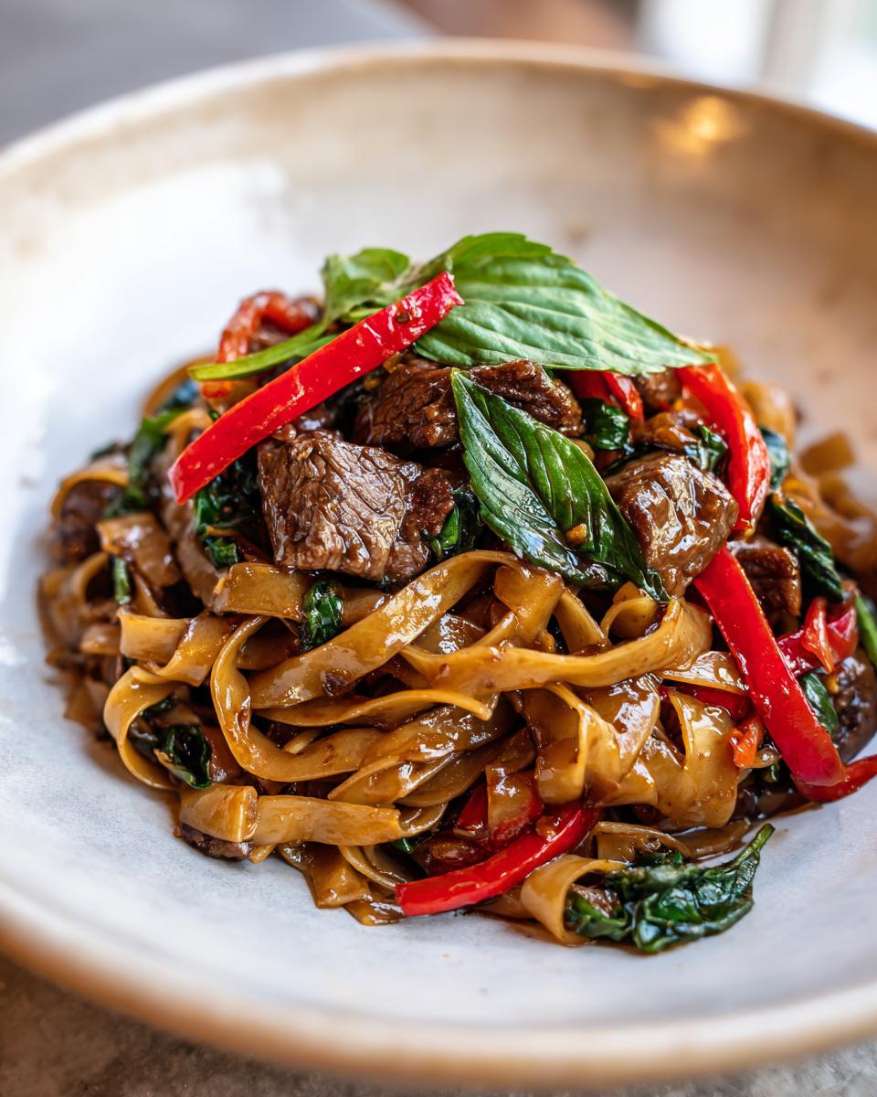 Close-up of glossy, wide rice noodles mixed with chunks of beef, basil, and bright red peppers in thai drunken noodles with beef.