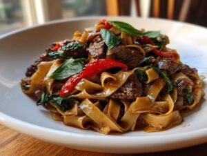 A close-up of savory thai drunken noodles with beef, wide rice noodles, basil, and red chili peppers.