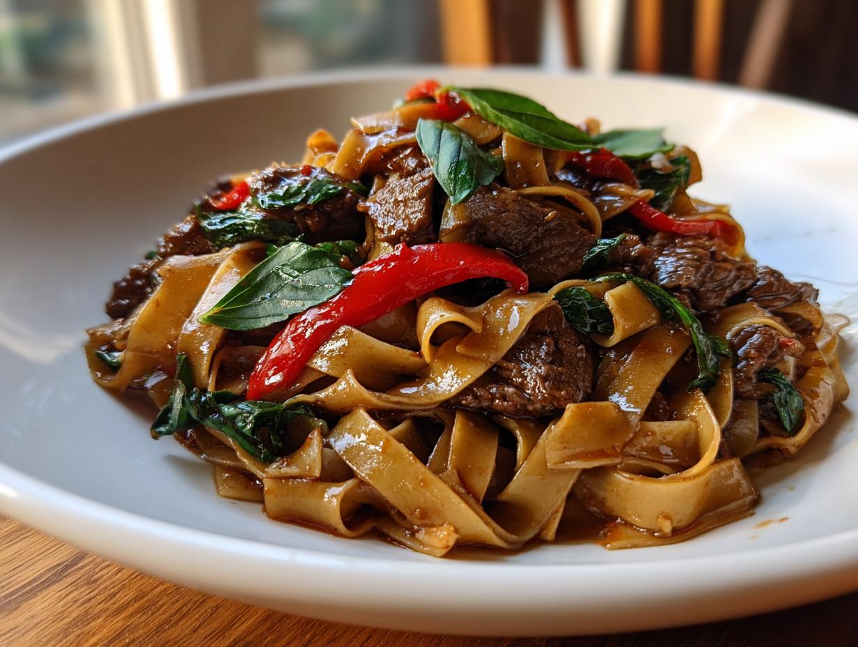A close-up of savory thai drunken noodles with beef, wide rice noodles, basil, and red chili peppers.