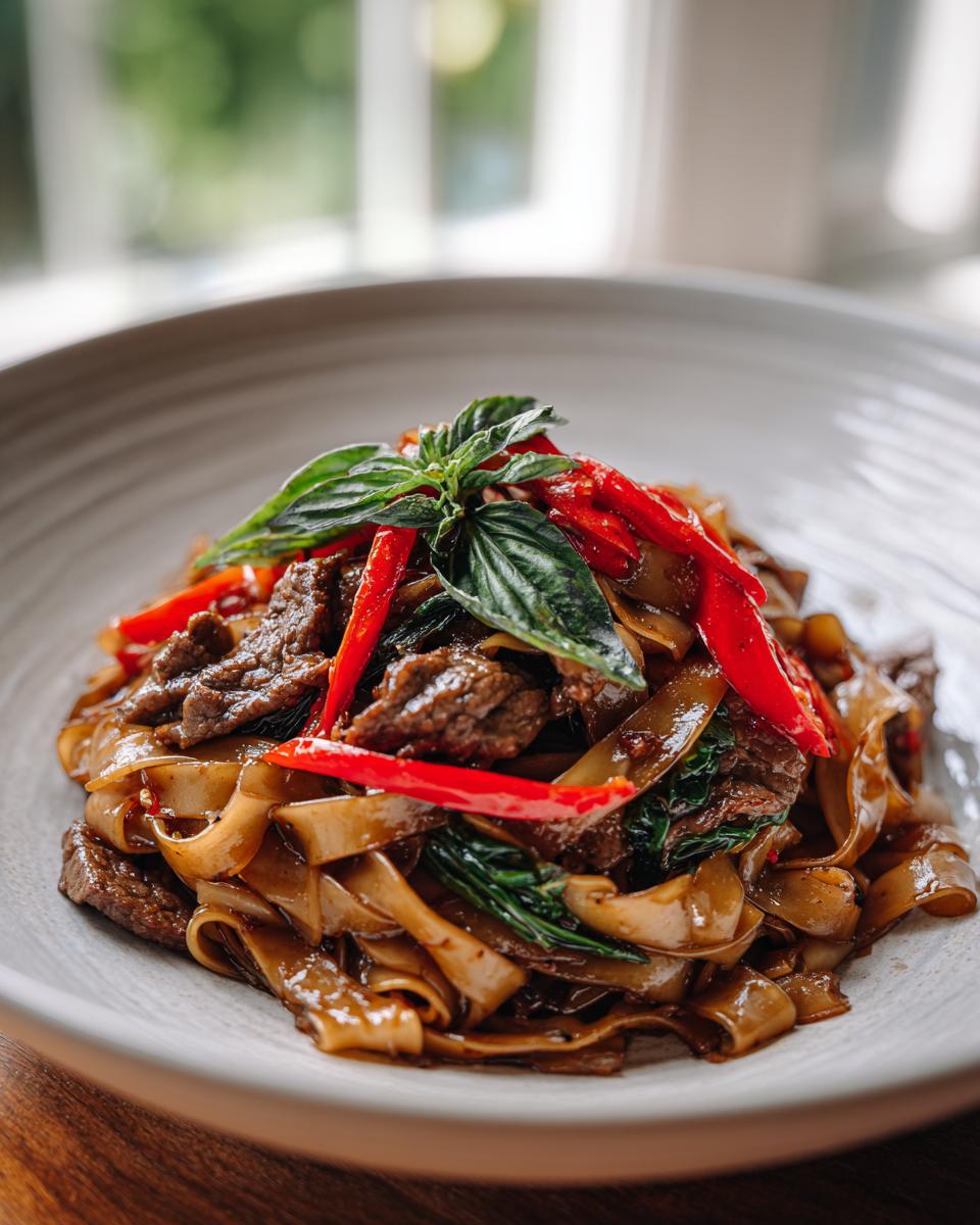 A close-up of savory thai drunken noodles with beef, wide rice noodles, and bright red chili peppers.