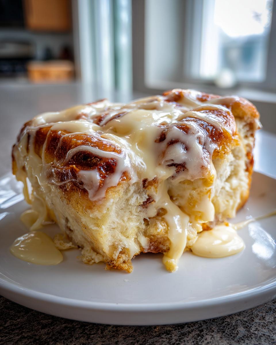 A close-up of a gooey serving of tiktok cinnamon roll casserole dripping with sweet vanilla icing on a white plate.