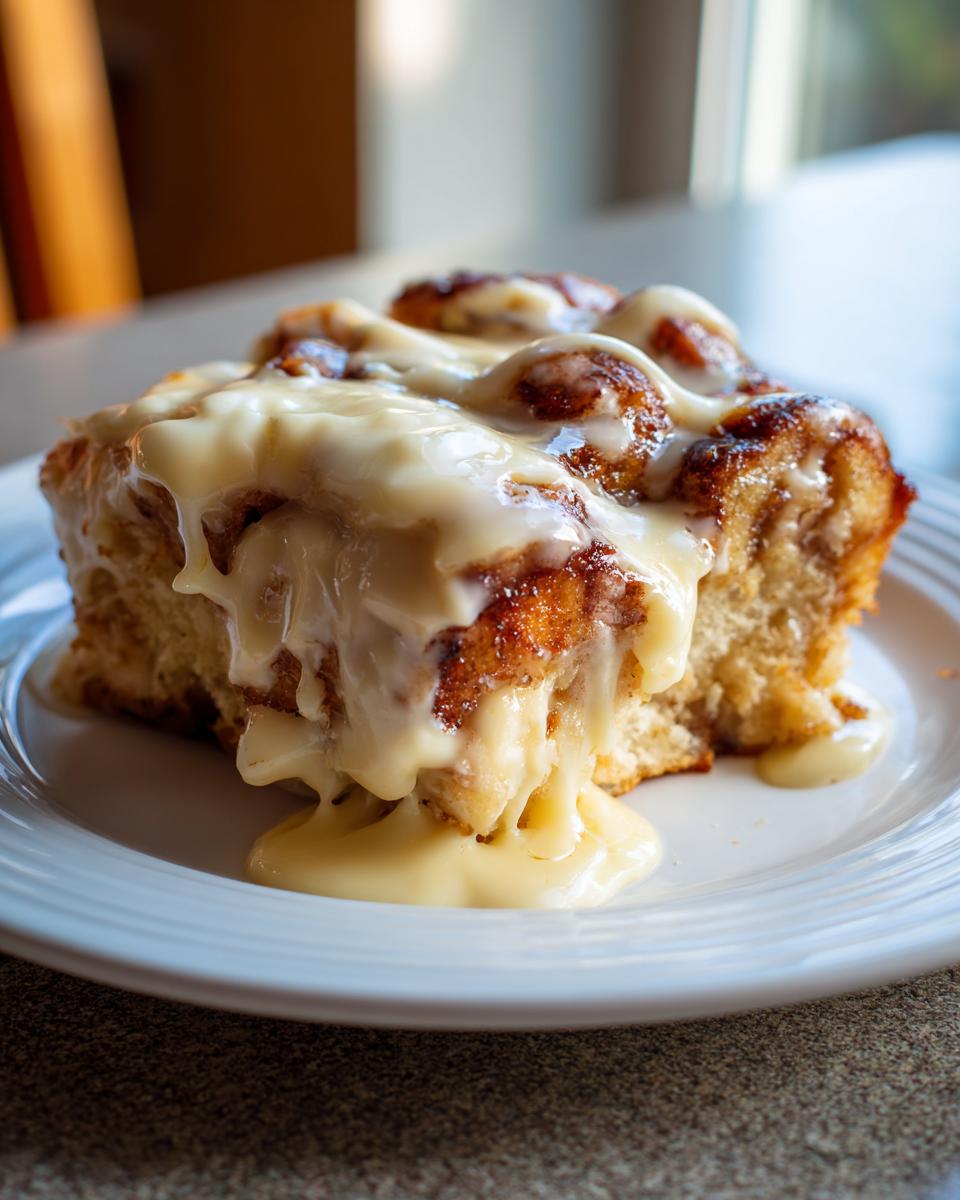 A close-up of a single serving of tiktok cinnamon roll casserole dripping with thick, creamy white icing on a white plate.
