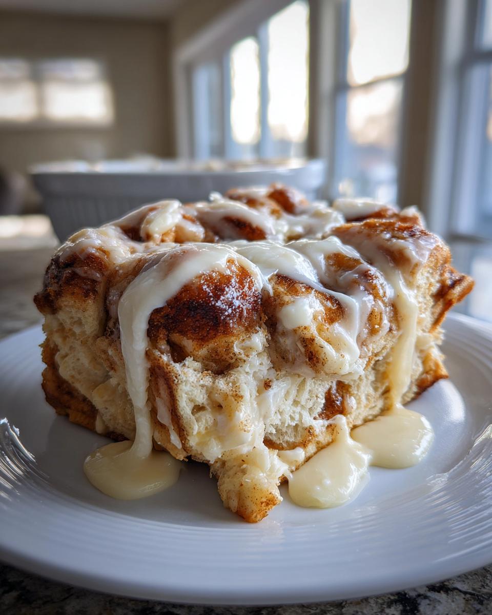A close-up of a square serving of moist tiktok cinnamon roll casserole, generously covered in thick, dripping vanilla icing.