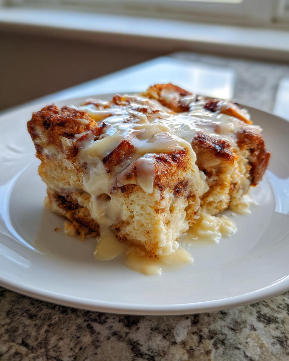 A close-up of a generous serving of tiktok cinnamon roll casserole drizzled heavily with sweet white icing on a white plate.