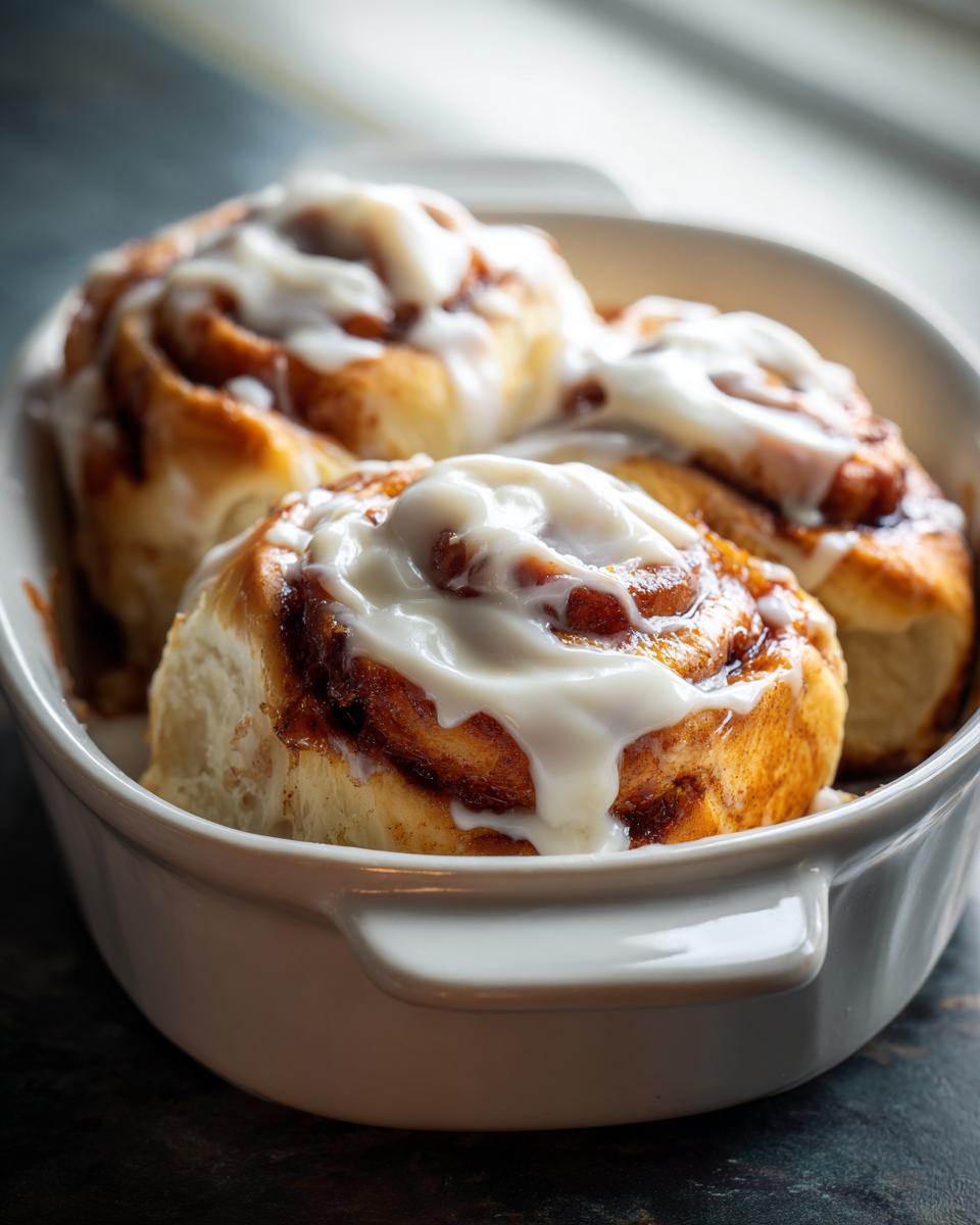 Three freshly baked cinnamon rolls covered in thick white icing in a white baking dish, part of the tiktok cinnamon rolls recipe cooking with karli.
