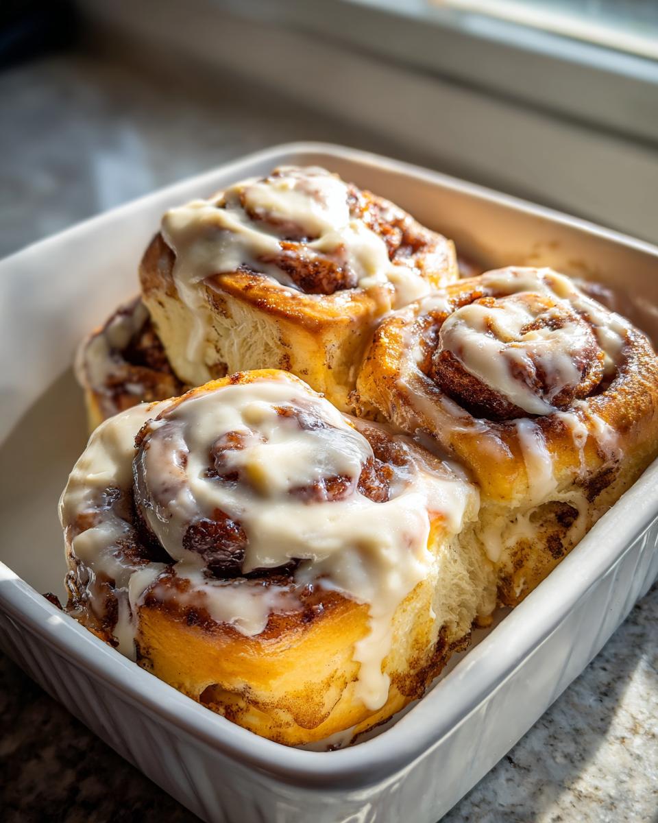Close-up of several fluffy, freshly baked cinnamon rolls topped with thick white icing in a white baking dish, following the tiktok cinnamon rolls recipe cooking with karli.
