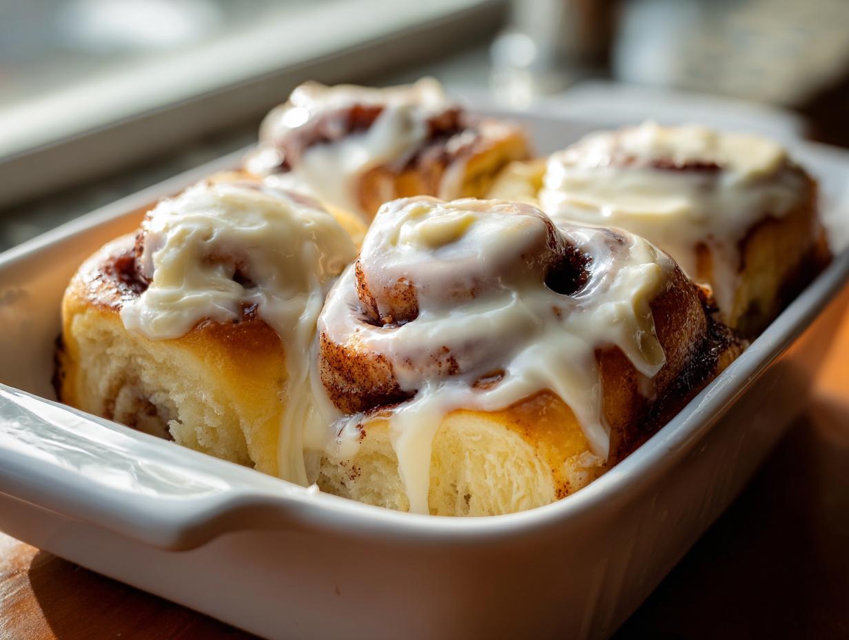 Close-up of gooey, freshly baked tiktok cinnamon rolls recipe with thick white cream cheese icing in a white baking dish.