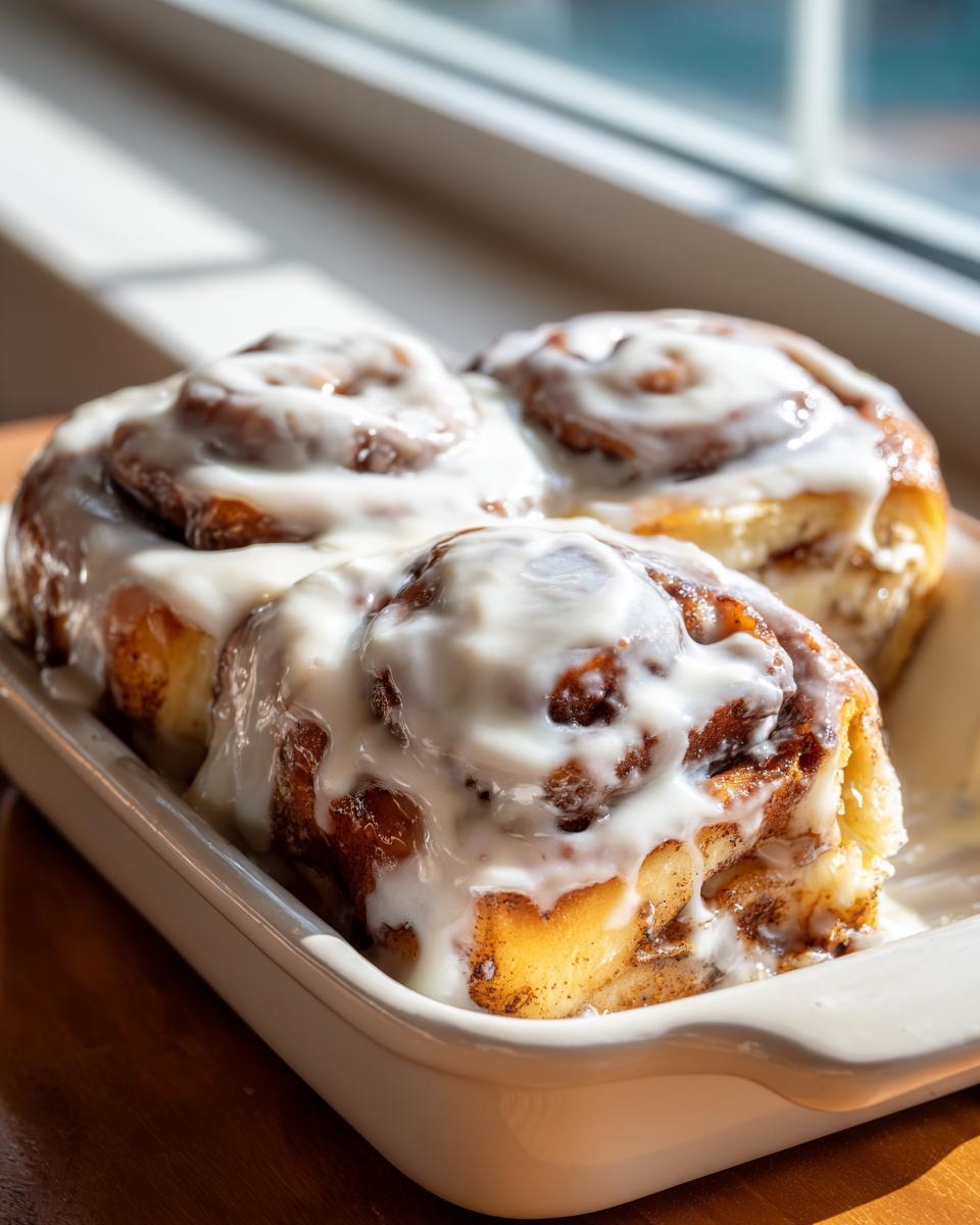 Three freshly baked cinnamon rolls generously topped with white cream cheese frosting, ready to eat from the tiktok cinnamon rolls recipe cooking with karli.