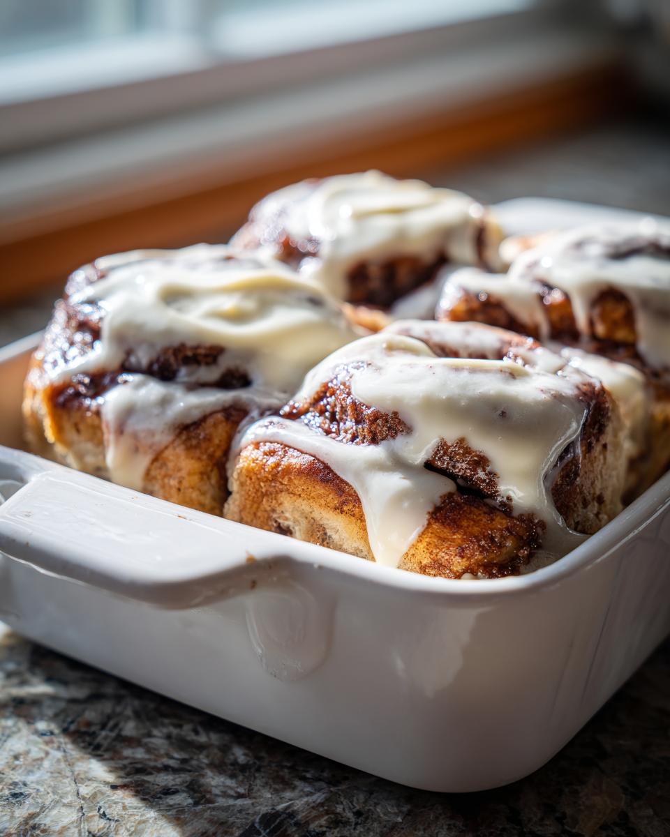 Close-up of warm, gooey cinnamon rolls topped with thick white icing in a white baking dish, following the tiktok cinnamon rolls recipe cooking with karli.