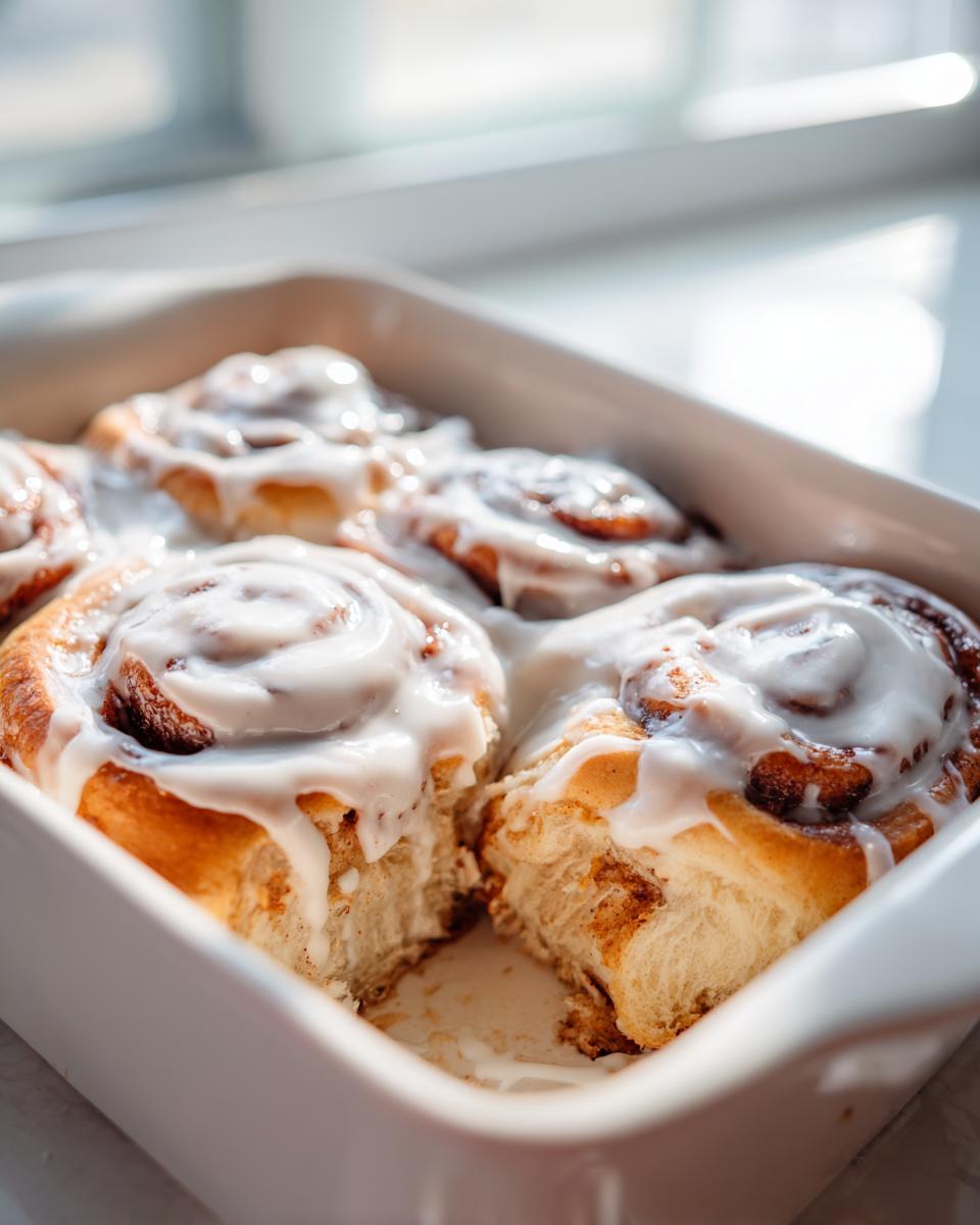 Close-up of gooey, frosted tiktok cinnamon rolls rhodes baked in a white dish, with one roll pulled apart.