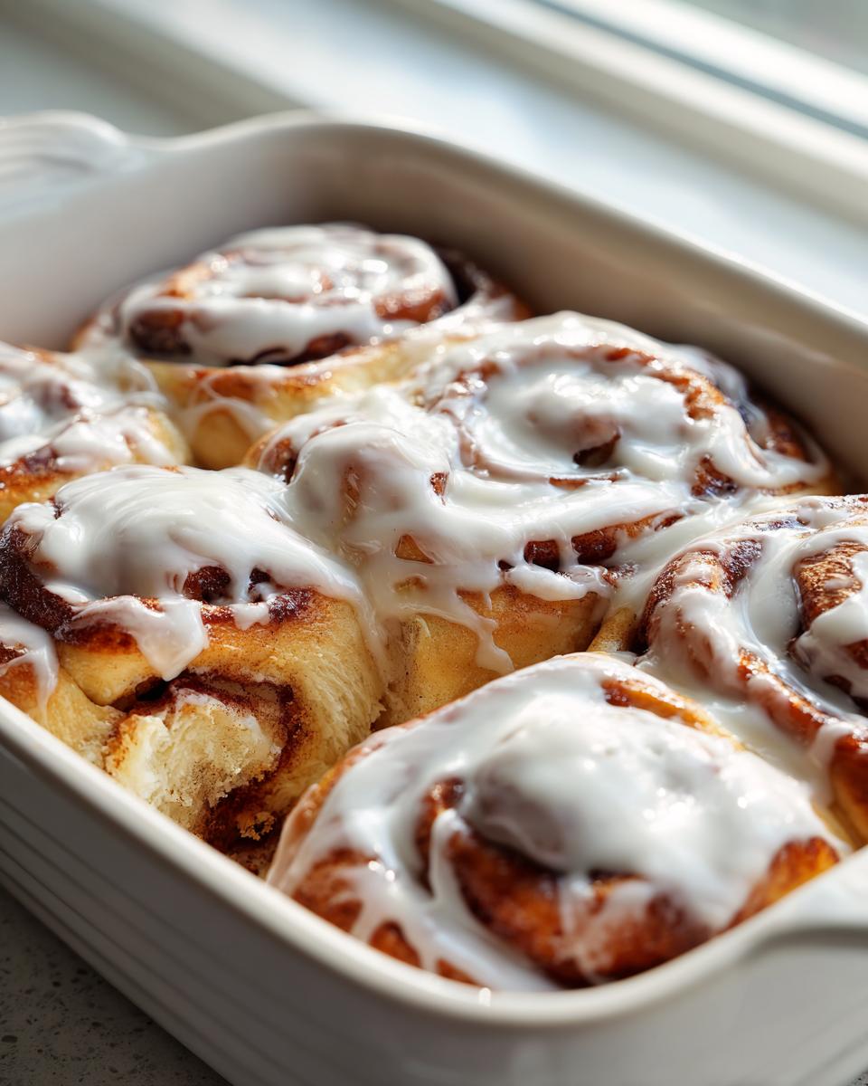 Close-up of warm, gooey tiktok cinnamon rolls rhodes topped with thick white icing in a white baking dish.