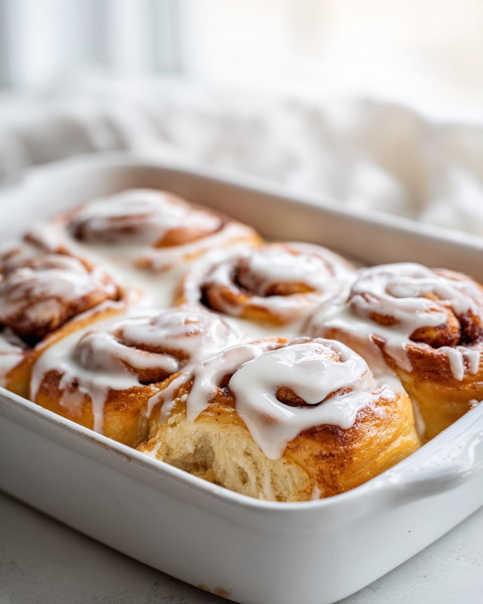 Close-up of fluffy tiktok cinnamon rolls rhodes baked in a white dish, generously topped with white icing.