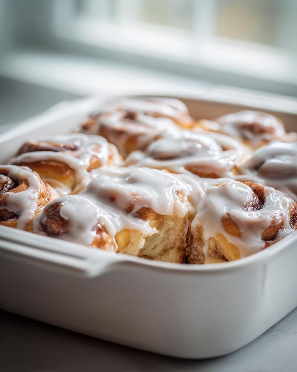 Close-up of warm tiktok cinnamon rolls rhodes baked in a white dish and covered in thick white icing.