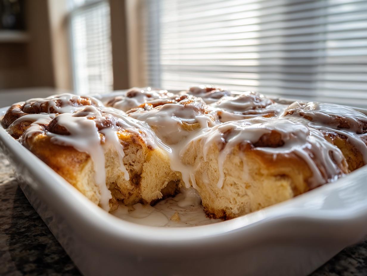 A close-up of gooey, iced tiktok cinnamon rolls rhodes 12 count baking in a white dish.