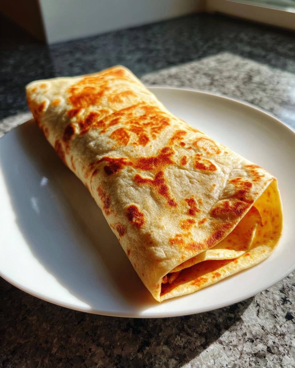 A golden-brown, toasted black bean and rice burrito resting on a white plate.