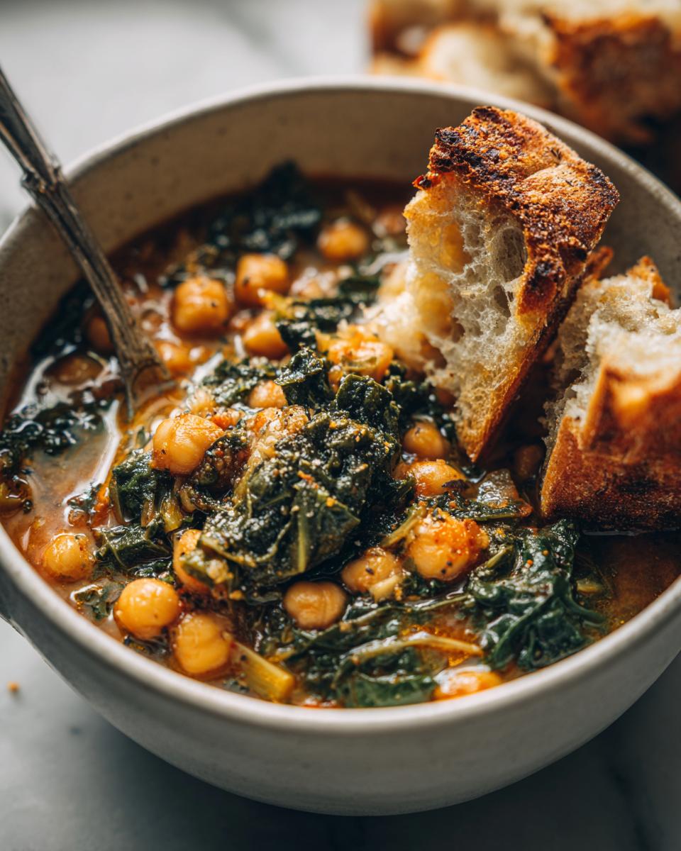 Close-up of a bowl of rich Tuscan chickpea soup filled with chickpeas and dark leafy greens, dipped with crusty bread.