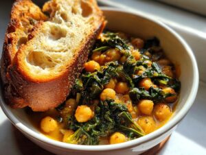 A bowl of rich Tuscan chickpea soup featuring chickpeas and dark leafy greens, served with crusty bread.