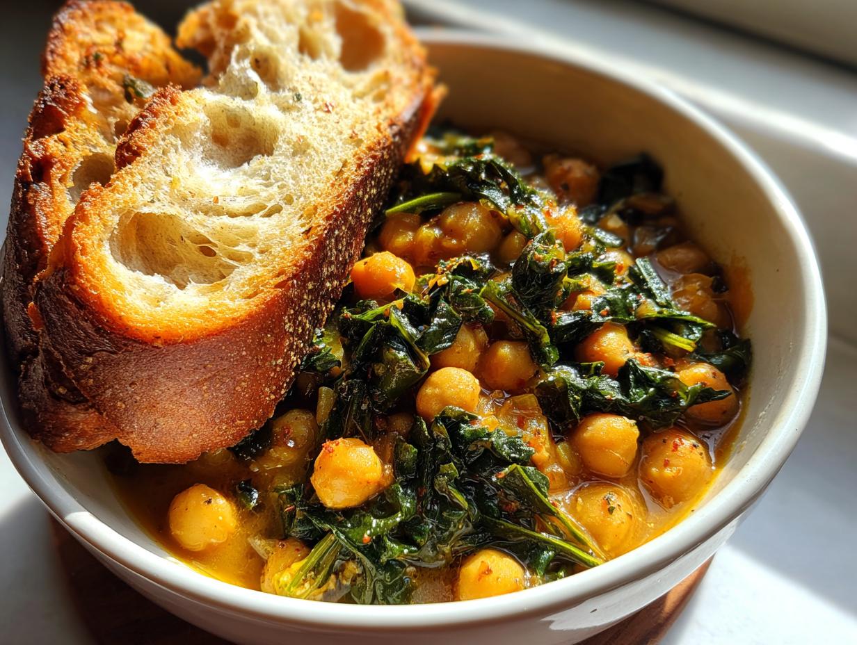 A bowl of rich Tuscan chickpea soup featuring chickpeas and dark leafy greens, served with crusty bread.