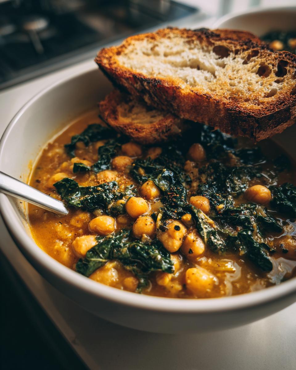 Close-up of a bowl of hearty Tuscan chickpea soup topped with kale and served with two slices of toasted bread.