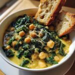 A bowl of creamy Tuscan chickpea soup topped with wilted kale, chickpeas, and grated Parmesan cheese, served with bread.