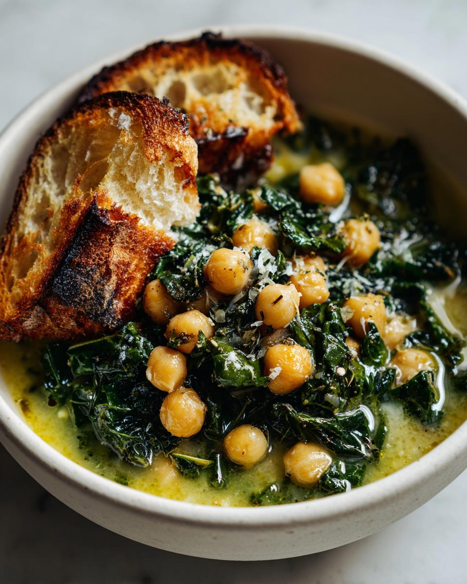 A close-up of Tuscan chickpea soup featuring chickpeas, dark green kale, and topped with grated cheese and two slices of charred bread.