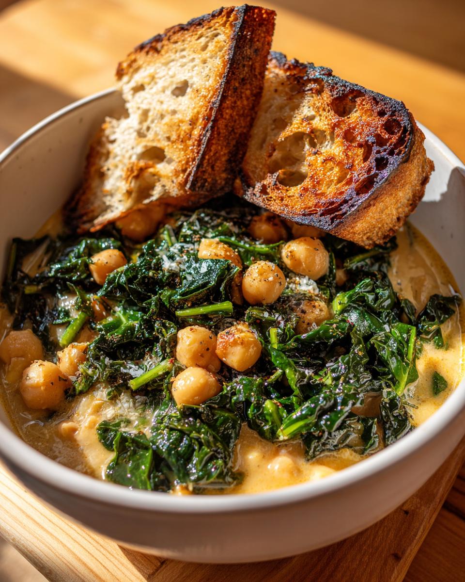 A creamy bowl of Tuscan chickpea soup topped with dark leafy greens, chickpeas, and served with two slices of toasted sourdough bread.