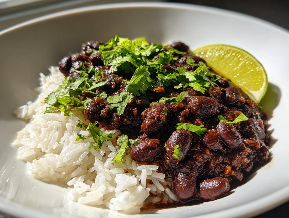 A close-up of ultimate black beans and rice topped with fresh cilantro and a lime wedge.