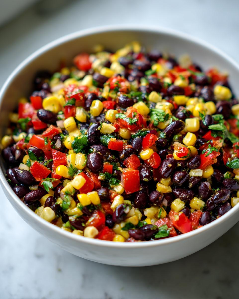 Close-up of a vibrant black bean salad mixed with yellow corn, diced red peppers, and fresh cilantro in a white bowl.